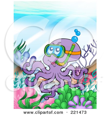 Royalty-Free (RF) Clipart Illustration of a Purple Octopus Snorkeling At A Reef by visekart