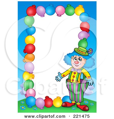 Royalty-Free (RF) Clipart Illustration of a Border Of Party Balloons, Blue Sky And A Clown Around White Space - 7 by visekart
