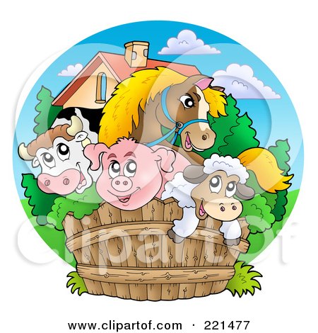 Royalty-Free (RF) Clipart Illustration of Happy Barnyard Animals Looking Over A Fence by visekart