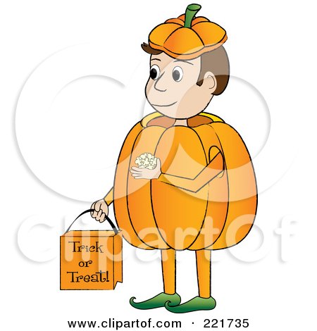 Royalty-Free (RF) Clipart Illustration of a Boy Trick Or Treating In A Pumpkin Costume And Carrying A Bag by Pams Clipart