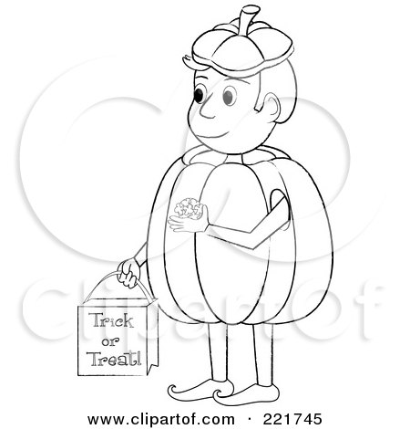 Royalty-Free (RF) Clipart Illustration of a Coloring Page Outline Of A Boy Trick Or Treating In A Pumpkin Costume by Pams Clipart