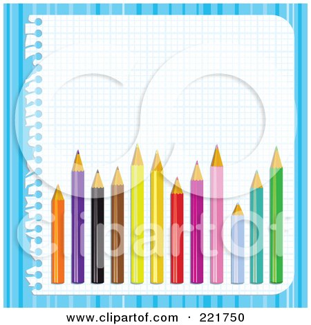 Royalty-Free (RF) Clipart Illustration of Colored Pencils Over Graph Paper On Blue Stripes by MilsiArt