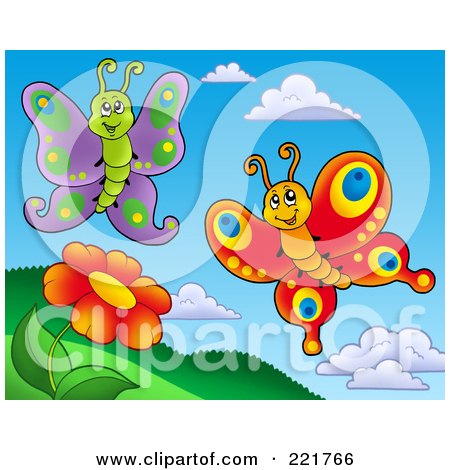 Royalty-Free (RF) Clipart Illustration of Happy Butterflies By A Red Daisy - 2 by visekart