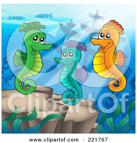 Royalty-Free (RF) Clipart Illustration of a Trio Of Seahorses Swimming Above A Reef by visekart