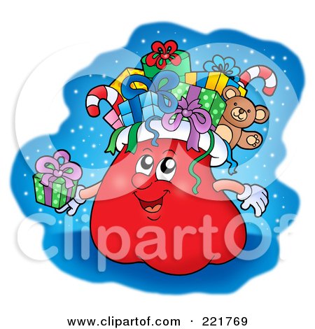 Royalty-Free (RF) Clipart Illustration of a Santas Sack Character Holding A Gift by visekart