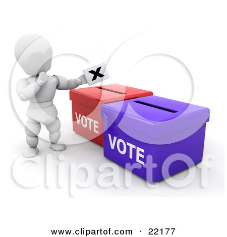 Clipart Picture of a White Person In Thought, Standing Over Red And Blue Ballot Boxes And Casting Their Vote by KJ Pargeter