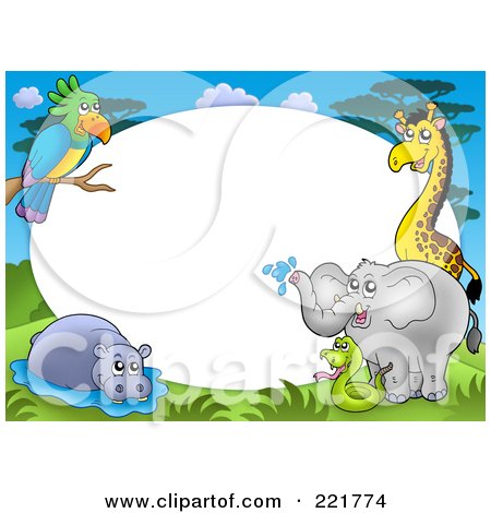 Royalty-Free (RF) Clipart Illustration of a Border Of A Parrot, Hippo, Snake, Elephant And Giraffe Around White Space by visekart