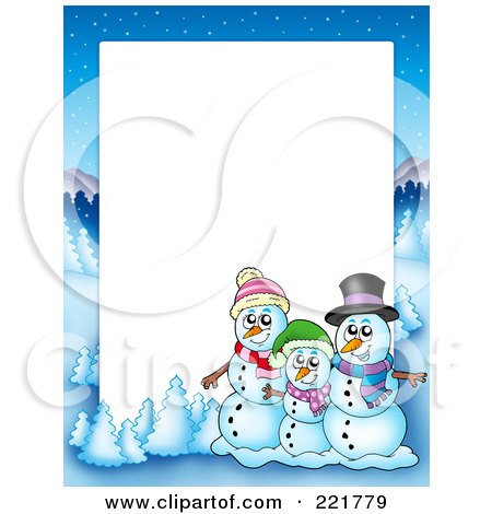 Royalty-Free (RF) Clipart Illustration of a Christmas Frame Border Of A Winter Landscape And Snowman Family Around White Space by visekart