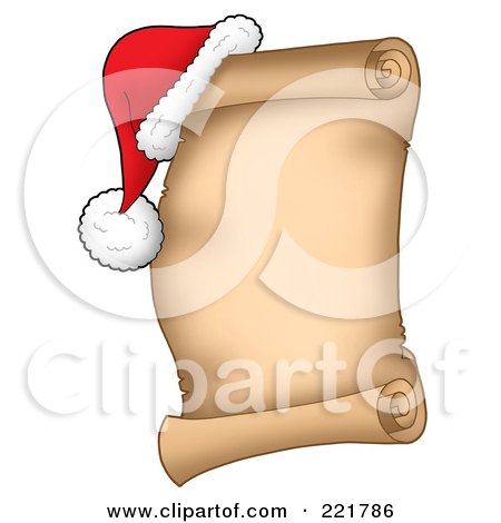 Royalty-Free (RF) Clipart Illustration of a Santa Hat Resting On The Corner Of A Parchment Scroll Page by visekart