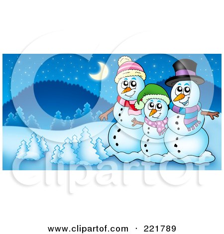 Royalty-Free (RF) Clipart Illustration of a Christmas Snowman Family In A Winter Landscape by visekart