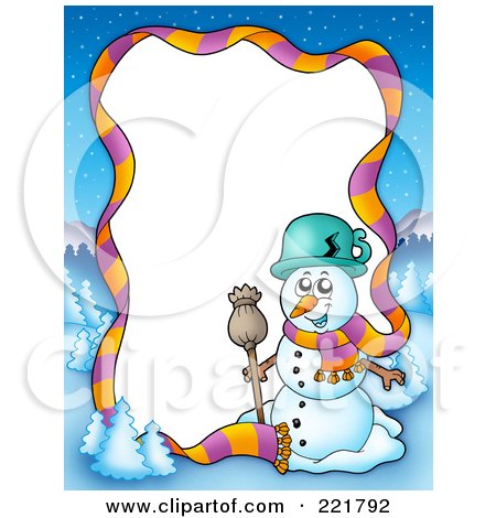 Royalty-Free (RF) Clipart Illustration of a Christmas Frame Border Of A Scarf, Winter Landscape And Snowman Around White Space by visekart