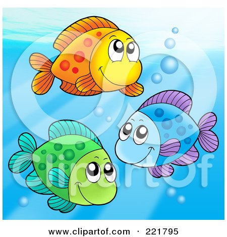 Royalty-Free (RF) Clipart Illustration of a Trio Of Cute Colorful Fish And Bubbles by visekart