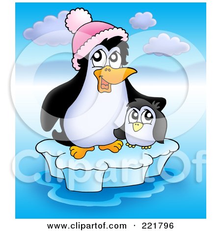 Royalty-Free (RF) Clipart Illustration of a Mother And Baby Penguin Sitting On Ice by visekart