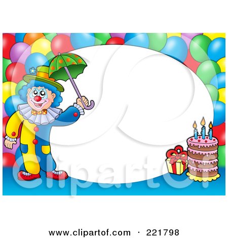 Royalty-Free (RF) Clipart Illustration of a Border Of Party Balloons, Cake, And A Clown Around White Oval Space by visekart