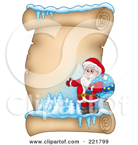 Royalty-Free (RF) Clipart Illustration of Santa With A Sack On An Icy Parchment Scroll Page by visekart