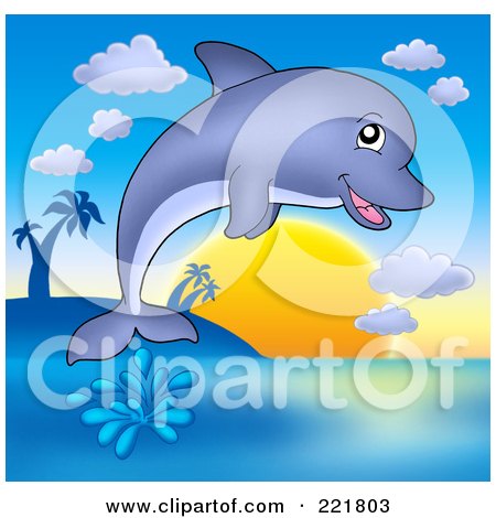 Royalty-Free (RF) Clipart Illustration of a Cute Dolphin Jumping At Sunset by visekart