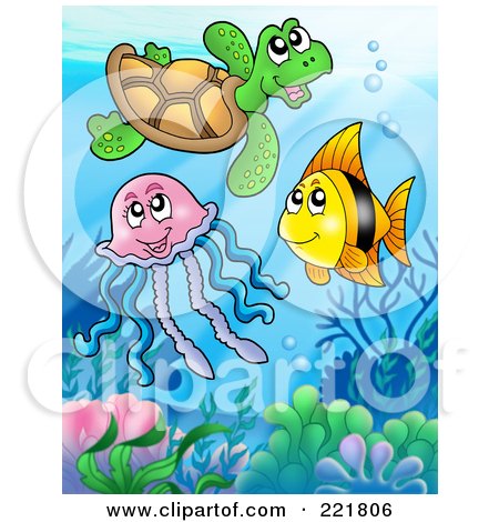 Royalty-Free (RF) Clipart Illustration of a Cute Sea Turtle With A Fish And Jellyfish by visekart