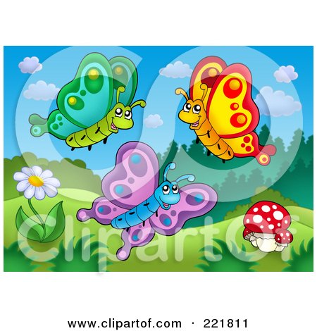Royalty-Free (RF) Clipart Illustration of Three Butterflies Above Mushrooms And A Flower by visekart