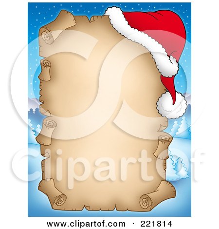 Royalty-Free (RF) Clipart Illustration of an Aged Christmas Parchment Sign With A Santa Hat Over A Winter Landscape by visekart