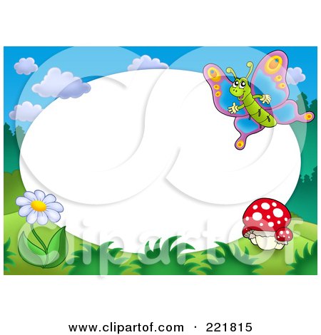 Royalty-Free (RF) Clipart Illustration of a Border Of Mushrooms, A Flower And Butterfly Around White Oval Space by visekart