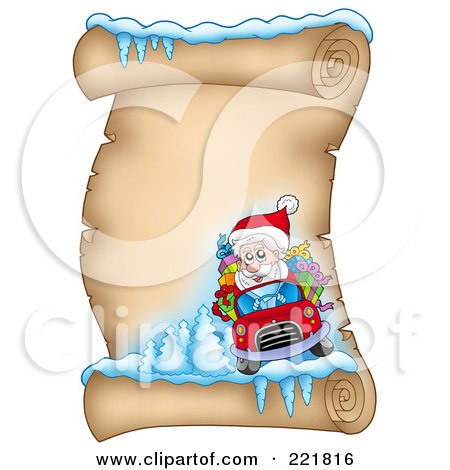 Royalty-Free (RF) Clipart Illustration of Santa Driving A Car On An Icy Parchment Scroll Page by visekart