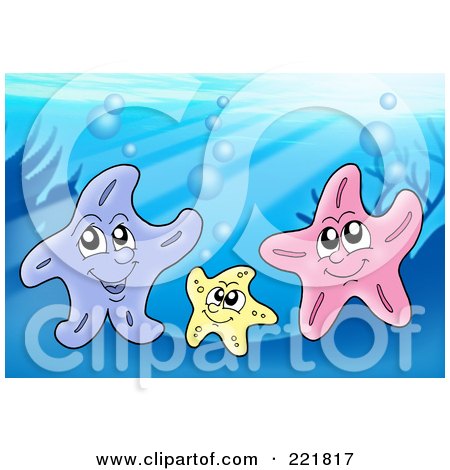Royalty-Free (RF) Clipart Illustration of a Trio Of Happy Starfish At The Bottom Of The Sea by visekart