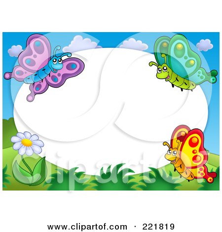 Royalty-Free (RF) Clipart Illustration of a Border Of A Flower And Three Butterflies Around White Oval Space by visekart