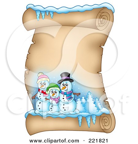 Royalty-Free (RF) Clipart Illustration of a Snowman Family On An Icy Parchment Scroll Page by visekart