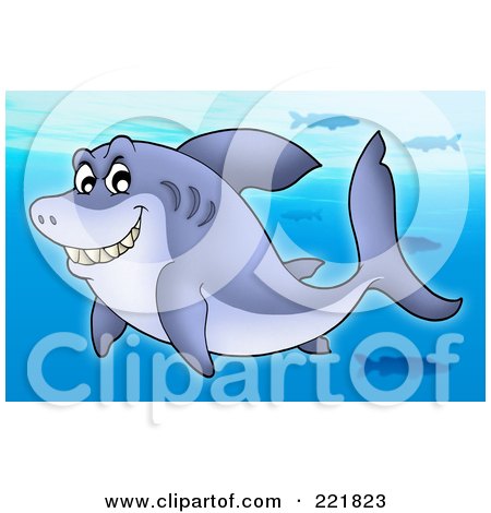 Royalty-Free (RF) Clipart Illustration of a Grinning Shark With Other Fish In The Background by visekart