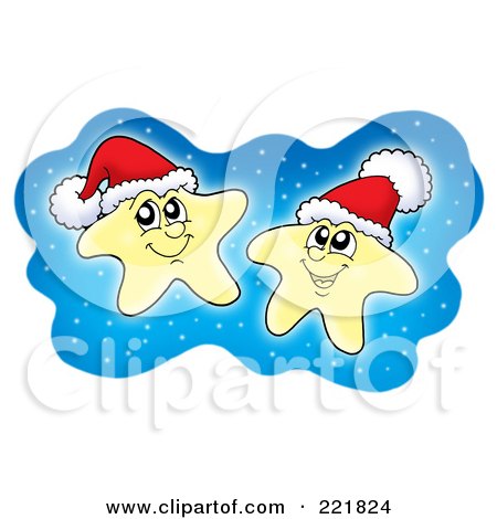 Royalty-Free (RF) Clipart Illustration of Two Glowing Christmas Stars With Santa Hats In The Sky by visekart