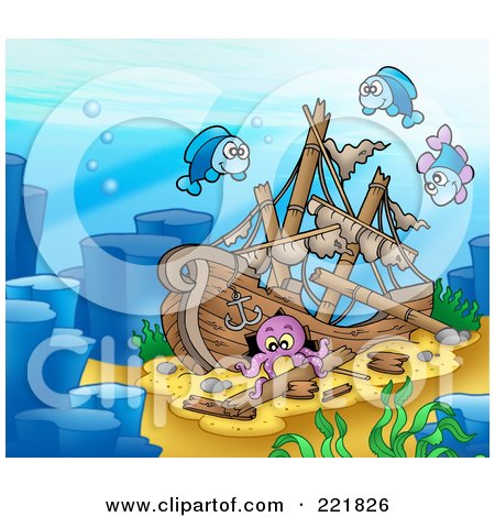 Royalty-Free (RF) Clipart Illustration of Three Fish And An Octopus By A Sunken Ship by visekart