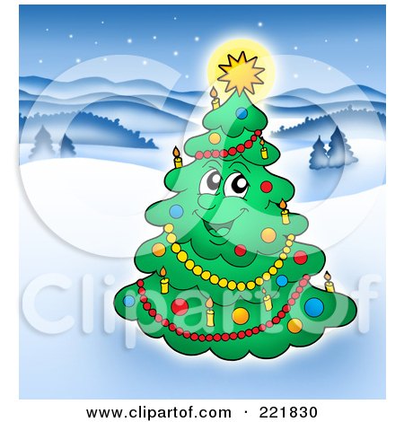 Royalty-Free (RF) Clipart Illustration of a Happy Christmas Tree Character With A Glowing Star In A Winter Landscape by visekart