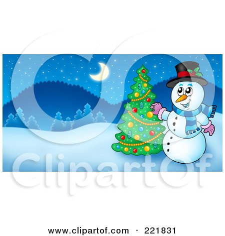 Royalty-Free (RF) Clipart Illustration of a Christmas Snowman Decorating A Tree In A Winter Landscape by visekart