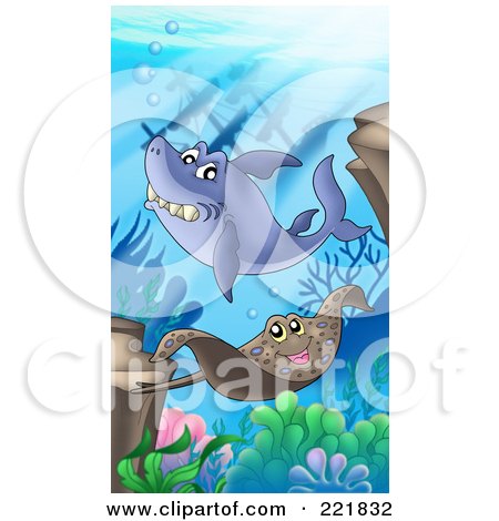Royalty-Free (RF) Clipart Illustration of a Shark And Sting Ray Swimming By A Sunken Ship by visekart