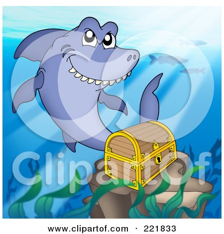 Royalty-Free (RF) Clipart Illustration of a Shark Swimming By A Sunken Treasure by visekart