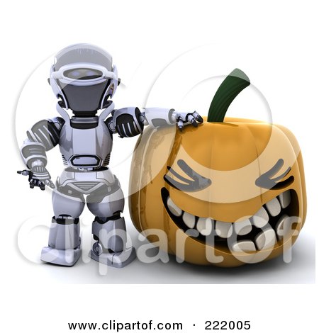 Royalty-Free (RF) Clipart Illustration of a 3d Robot Leaning On A Halloween Pumpkin by KJ Pargeter