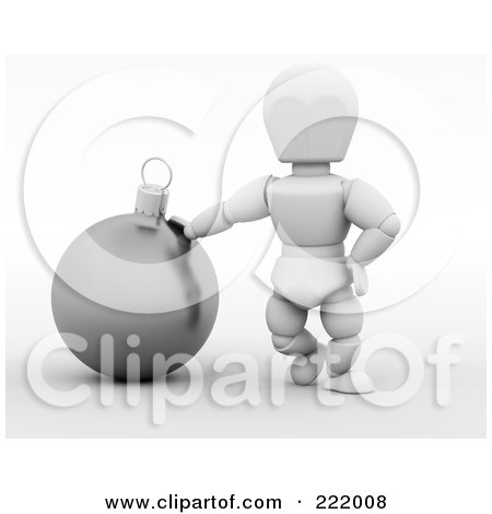 Royalty-Free (RF) Clipart Illustration of a 3d White Character Leaning On A Silver Christmas Ball by KJ Pargeter
