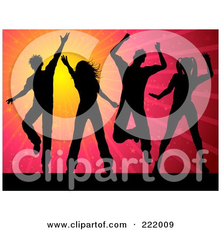 Royalty-Free (RF) Clipart Illustration of Silhouetted People Dancing Against A Red And Orange Burst Background by KJ Pargeter