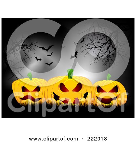 Royalty-Free (RF) Clipart Illustration of Moonlight Shining Down On 3d Halloween Pumpkins Under Bare Trees And Bats by KJ Pargeter