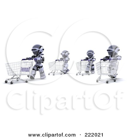 Royalty-Free (RF) Clipart Illustration of 3d Robots Pushing Shopping Carts by KJ Pargeter