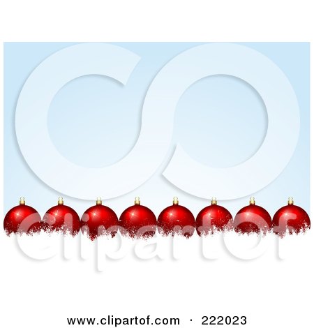Royalty-Free (RF) Clipart Illustration of a Row Of 3d Red Glass Christmas Balls On White Snow by KJ Pargeter