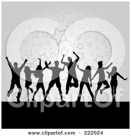 Royalty-Free (RF) Clipart Illustration of Silhouetted People Dancing Against A Gray Starry Background by KJ Pargeter