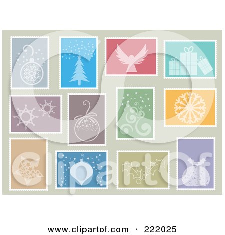 Royalty-Free (RF) Clipart Illustration of a Digital Collage Of Christmas Themed Stamps On Beige by KJ Pargeter
