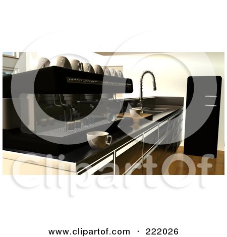 Royalty-Free (RF) Clipart Illustration of a 3d Cafe Bar With An Espresso Maker, Cups And A Sink by KJ Pargeter