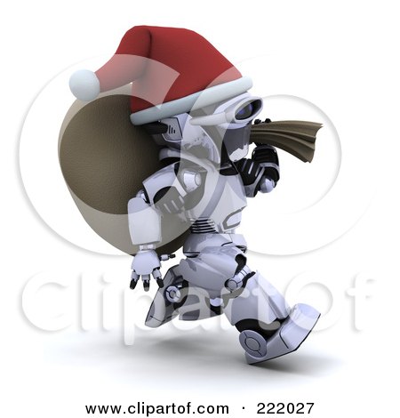 Royalty-Free (RF) Clipart Illustration of a 3d Robot Santa Running With A Sack Over His Shoulder by KJ Pargeter