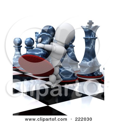 Royalty-Free (RF) Clipart Illustration of a 3d White Character Moving A Big Chess Piece On A Board by KJ Pargeter