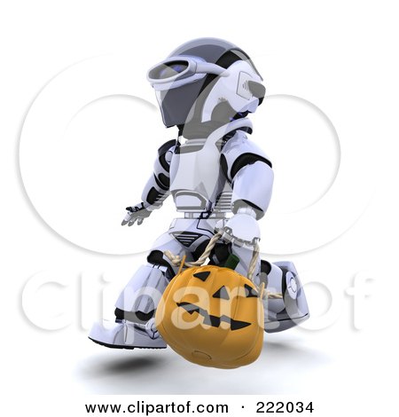 Royalty-Free (RF) Clipart Illustration of a 3d Robot Carrying A Halloween Pumpkin Basket by KJ Pargeter