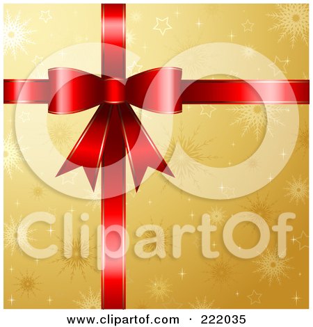 Royalty-Free (RF) Clipart Illustration of a 3d Red Gift Ribbon And  Bow Over Gold Snowflake Paper by KJ Pargeter