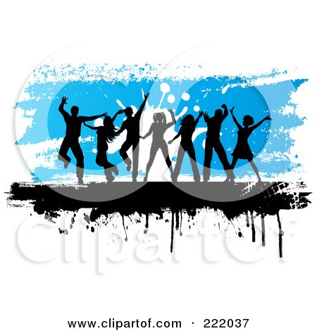Royalty-Free (RF) Clipart Illustration of Silhouetted People Dancing Against A Grungy Blue And White Background by KJ Pargeter