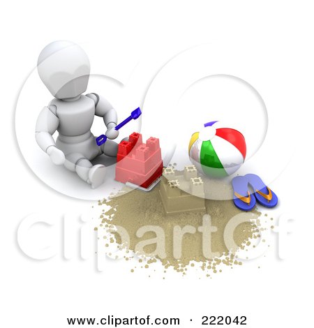 Royalty-Free (RF) Clipart Illustration of a 3d White Character Building A Sand Castle, By A Beach Ball And Flip Flops by KJ Pargeter